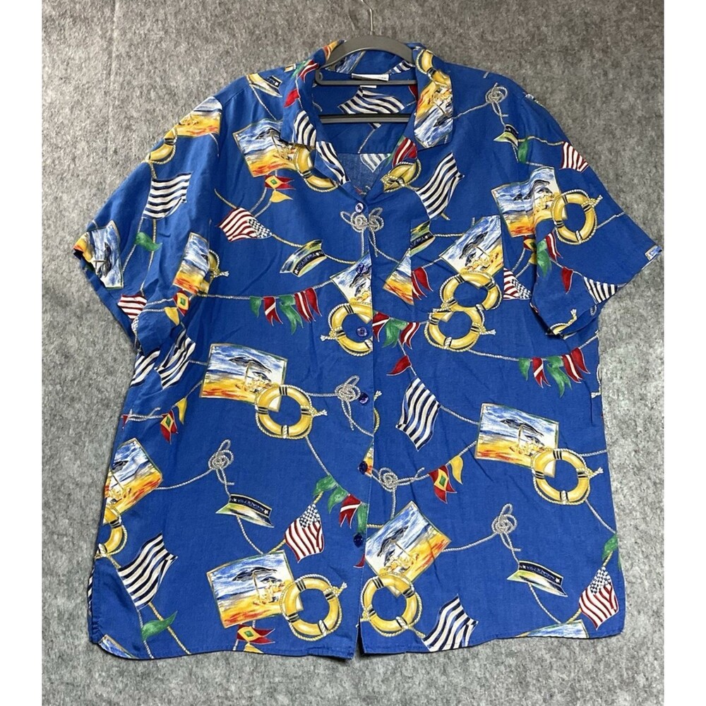 Vintage Shirt Womens Plus 1X Blue Nautical Preppy Button Up USA Coastal Top *